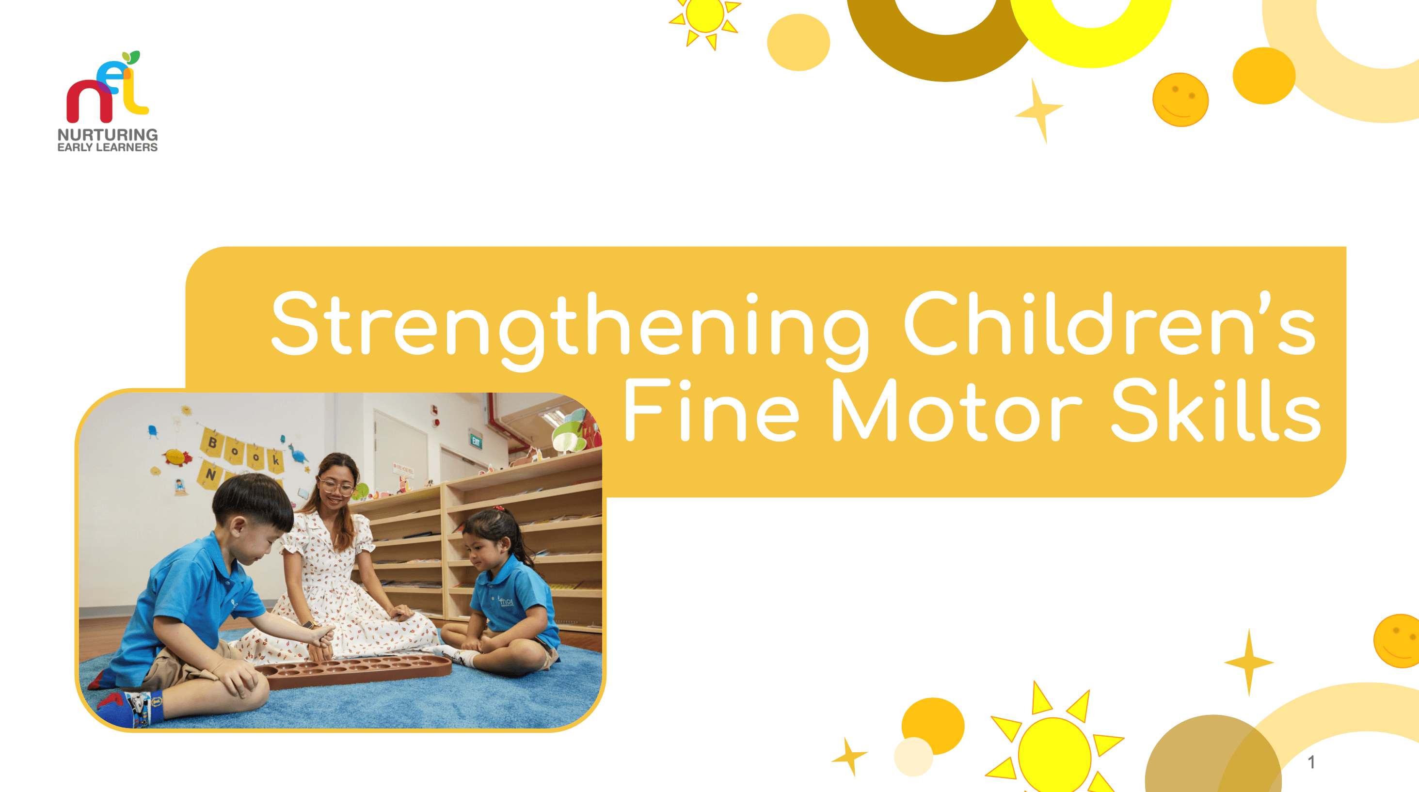 slides on strengthening children's fine motor skills with picture of children playing with marbles with their teacher